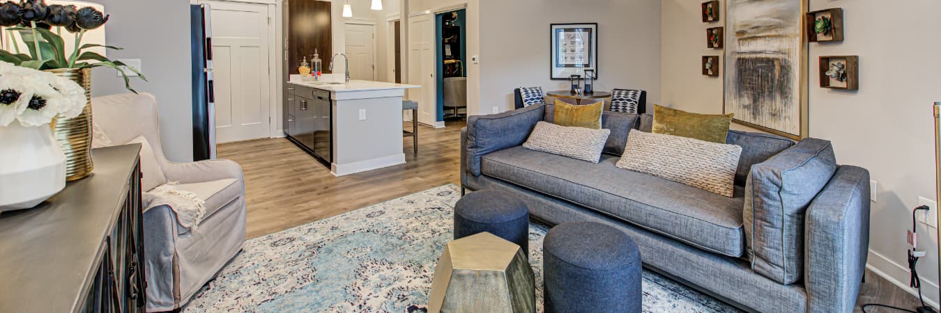 Open apartment living room connected to the kitchen.